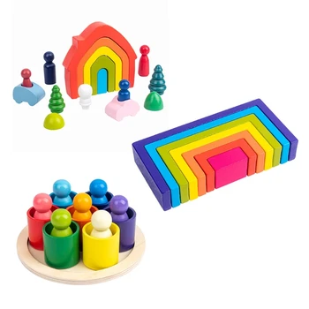

Baby Children Wooden Rainbow House Stacking Game Building Block Kids Toys Gifts