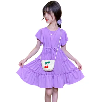 

Girl Summer Dress Solid Color Girls Party Dress With Bow Dress For Kids Teenage Kids Costume For Girls 6 8 10 12 14