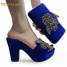 Fashionable New Coming Italian Design Shoes and Bag Set 2021 Summer New African Ladies Shoes Matching Bag in Royal Blue Color