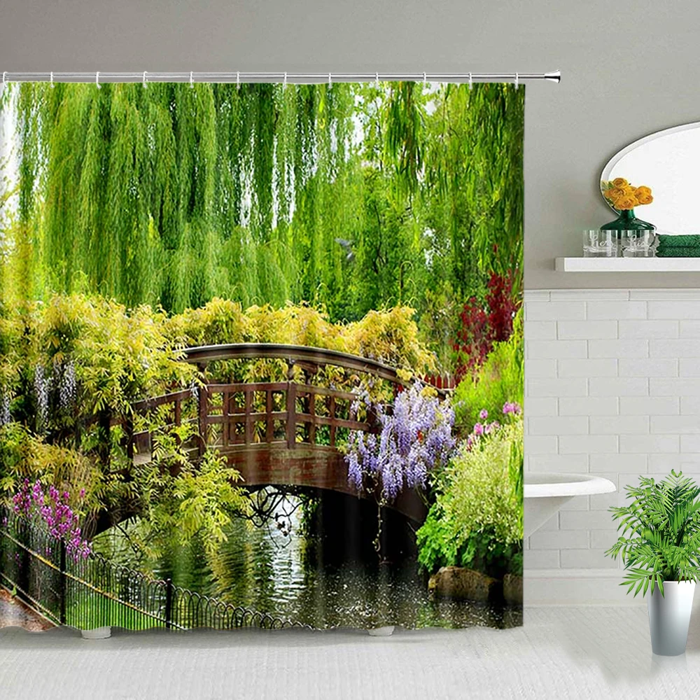 

Весенняя занавеска для душа с изображением цветов, зеленых растений, арочный мост, садовый ландшафт, декор для ванной комнаты, водонепроницаемые занавески для ванной