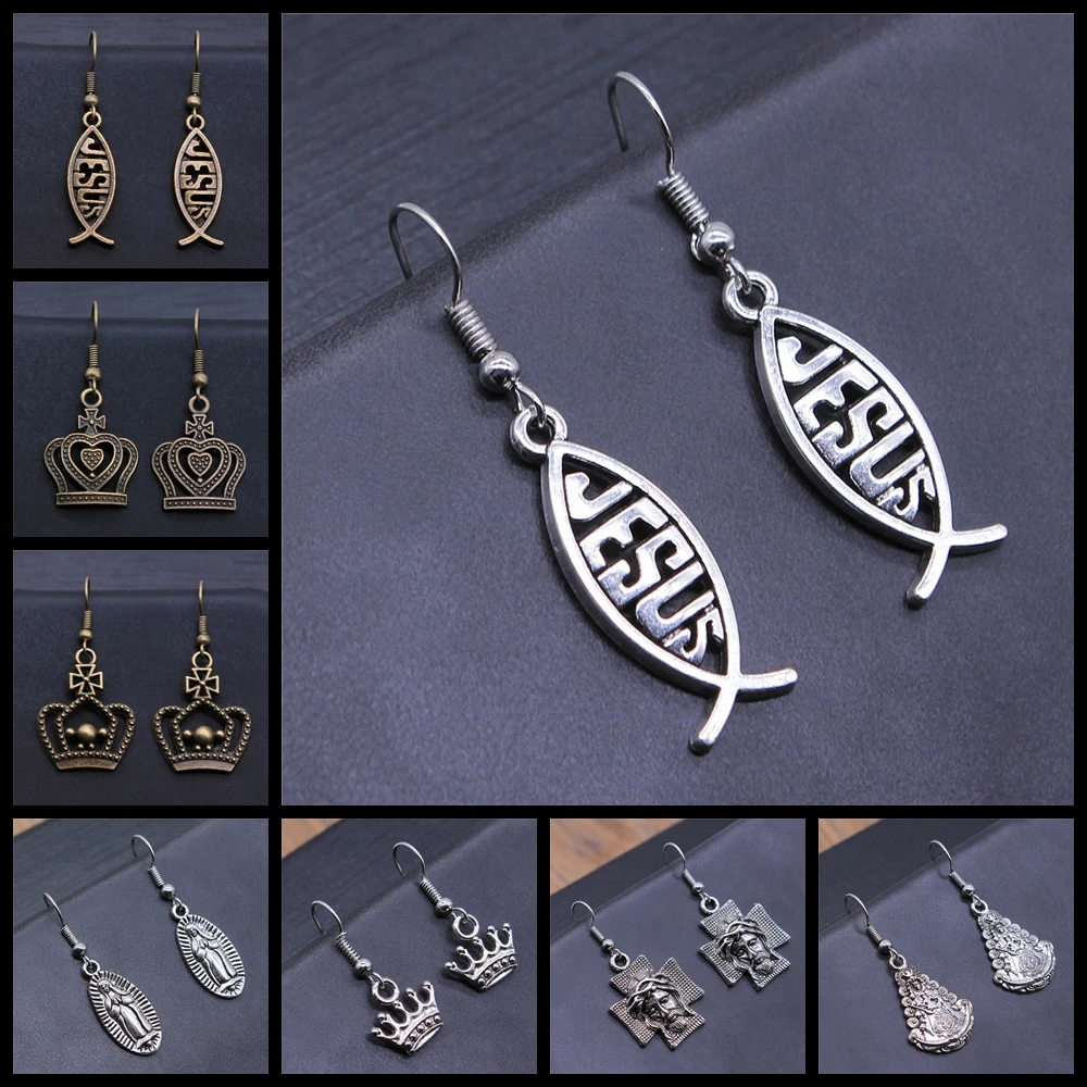 Jesus Fish Crown Maria Dangle Earring For Women Man Lover's Sharp Jesus