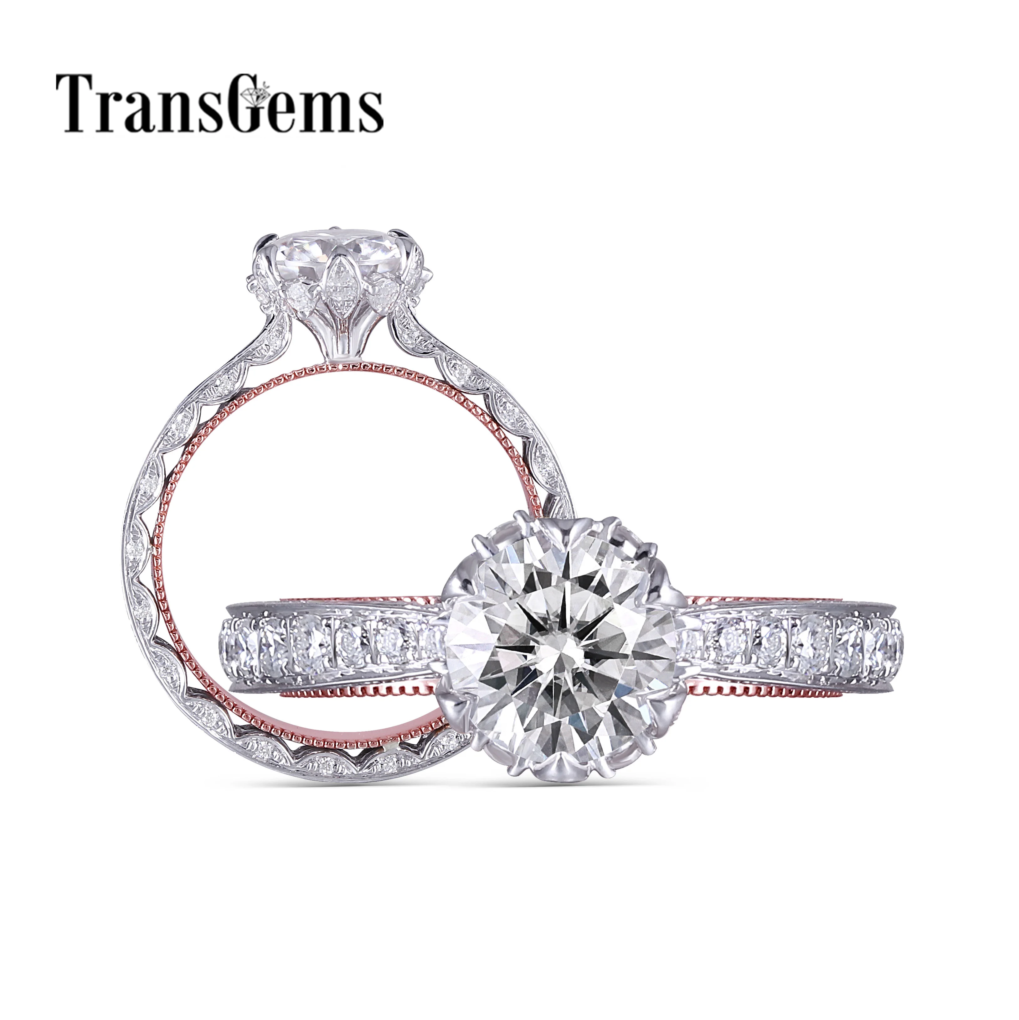 

Transgems Solid 14K 585 White and Rose Gold F Colorless Moissanite Engagement Milgrain Edge Ring For Women Vintage Fine Jewelry