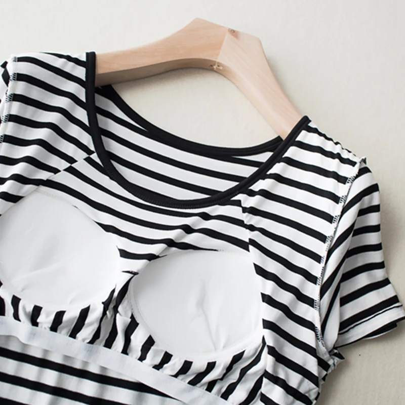 Built In Bra Sleep Shirts Women Loose fit Short Sleeve Striped Modal Sleep Wear Summer Padded Bra Breathable Lounge Lingerie