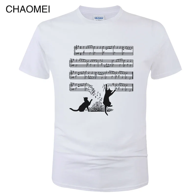 

2019 Fashion Summer Cotton Short Sleeve T Shirt Men Funny Cat And Music Sheet Print T-Shirt Cats Music Spectrum Tee Tops C59