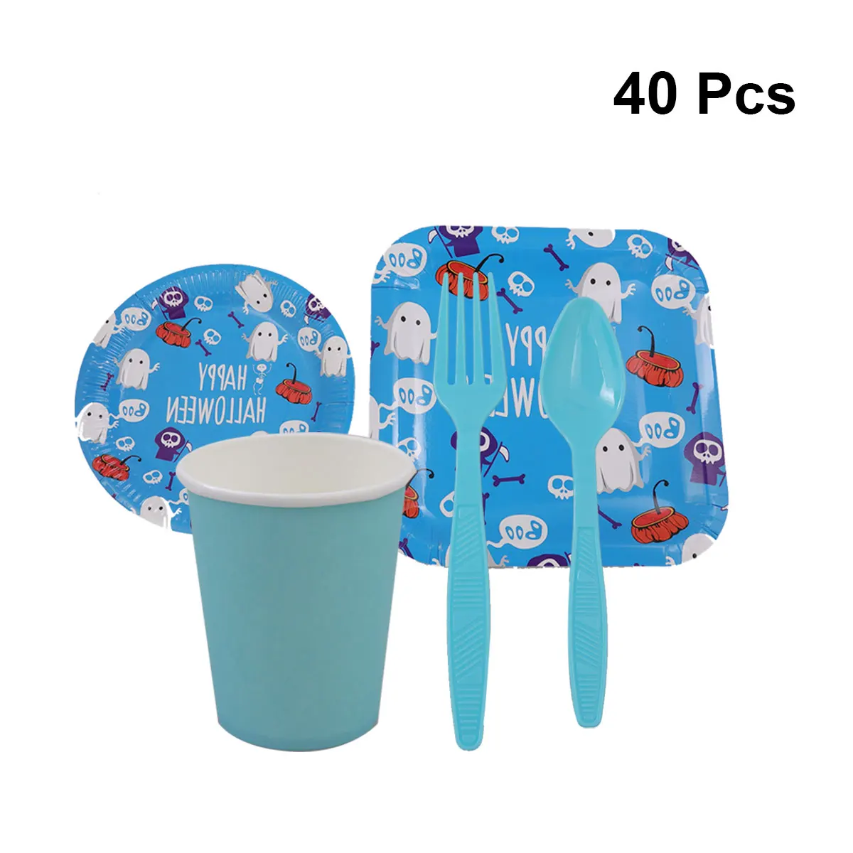 

40PCS Disposable Plates Cups Forks Knives Set Cute Ghost Pattern Paper Tableware Set Halloween Dinnerware Party Supplies