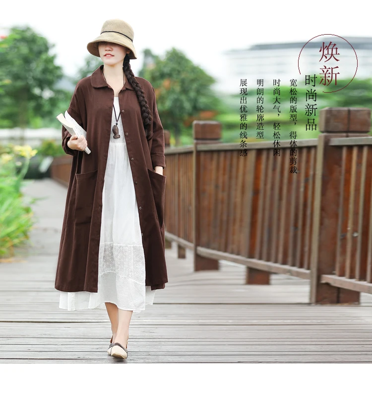 New Style Fashion Early Autumn-Online Celebrity Literature And Art Retro Cotton Linen Middle Long Coat Autumn Clothing