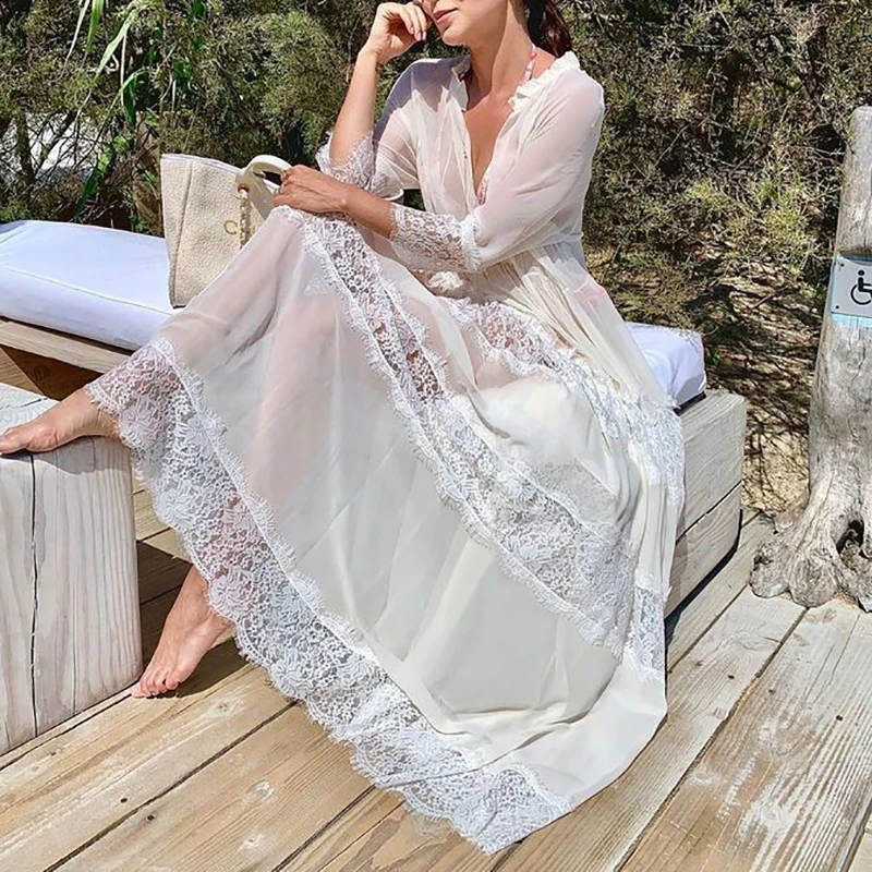 Шифоновое кружевное лоскутное длинное пляжное прозрачное летнее пляжное платье Парео Пляжное Платье de Plage бикини накидка саронг