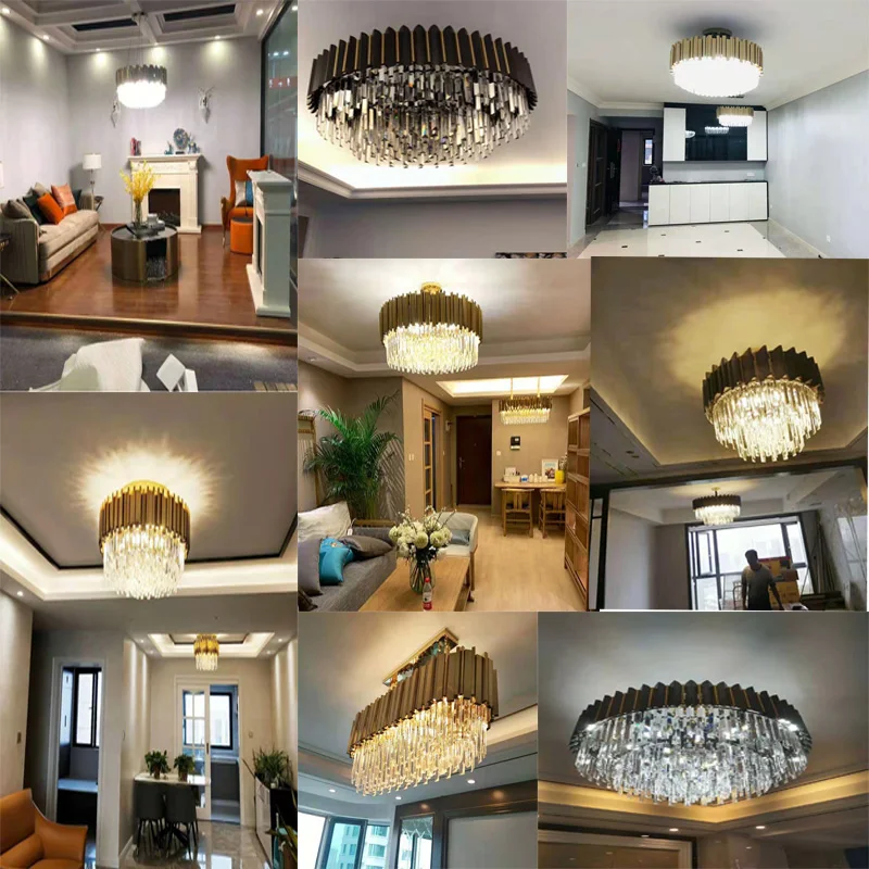 Modern living room luxury crystal lamp chandelier black round LED chandelier E14 bulb stainless steel chain chandelier lighting
