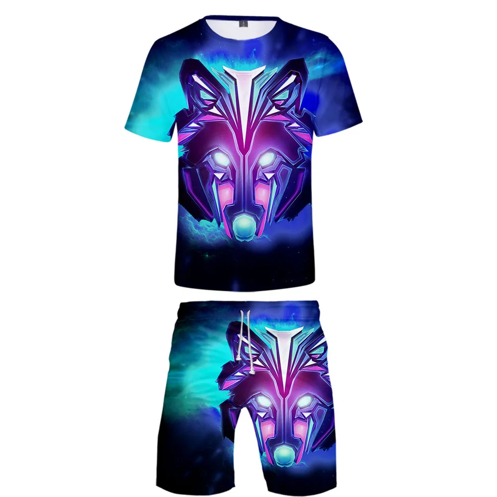 Galaxy wolf, комплект из двух предметов, футболка и шорты, Harajuku, Мужская футболка с волком, уличная одежда, harajuku, короткий рукав, размера плюс, уличная одежда