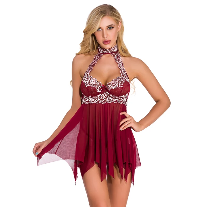 Women Lingeries Perspective Lace V-neck Irregular Mini Skirt Lingerie Sleepwear Chemises Mini Nightdress Pajamas JS24