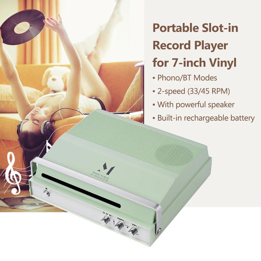 

Portable Slot-in Record Player for 7-inch Vinyl 2-speed (33/45 RPM) BT Turntable Built-in Stereo Speaker Rechargeable