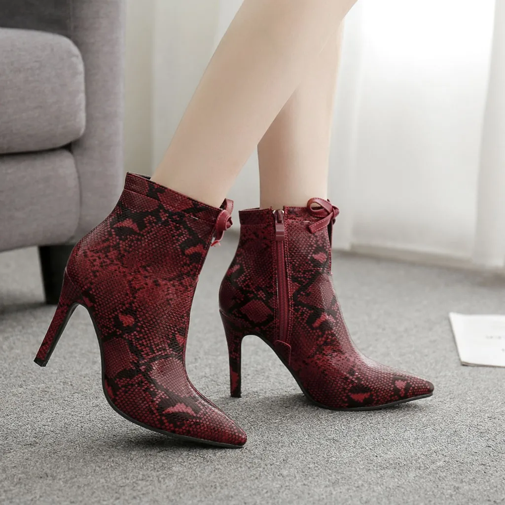 

2019 Autumn Winter Womens Booties Flats Soft Daily Women's Ankle Zip Snake Painted Sexy Pointed Toe Bow Stiletto Heel Casual#G8