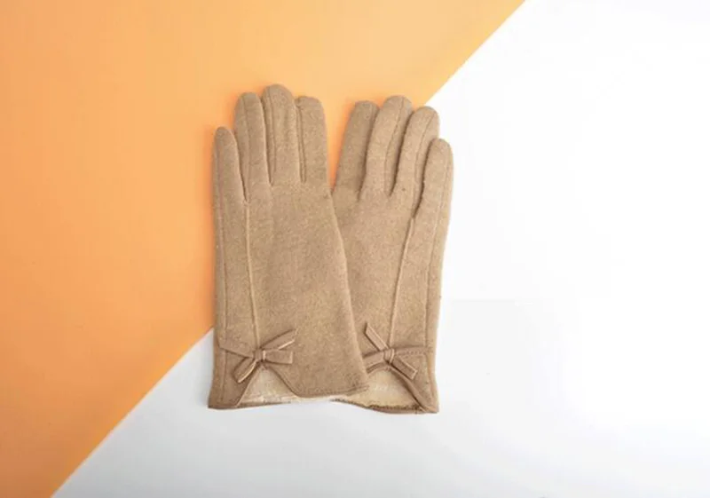 Зимние перчатки для сенсорного экрана, кашемировые шерстяные перчатки, женские кожаные вязаные перчатки с бантом и вышивкой, Зимние перчатки для вождения, перчатки для сенсорного экрана E38