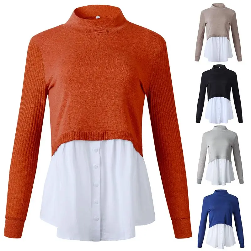 

Women 2 In 1 Patchwork Pullover Top Ribbed Long Sleeve Sweater Layered Shirt Hem