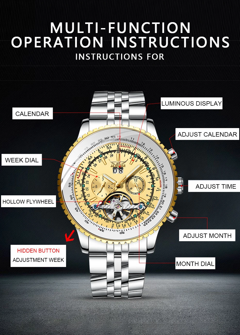 Jaragar Топ бренд золотой ободок шкала циферблат дизайн нержавеющая сталь мужские часы Роскошные автоматические механические часы