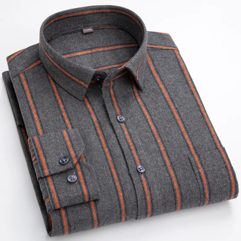 Camisas a rayas de franela de algodón cepillado para hombre, 100% a la moda, con un solo bolsillo, manga larga, suave, juvenil, informal, a cuadros