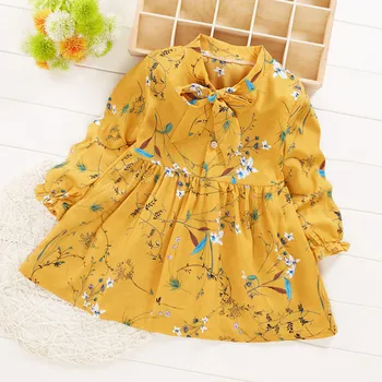 

Girls Dresses Floral Printed Princess Dress Ruched Butterfly-knot Spring Long Sleeve Girls Dress Ruffle Kids Dresses For Girls