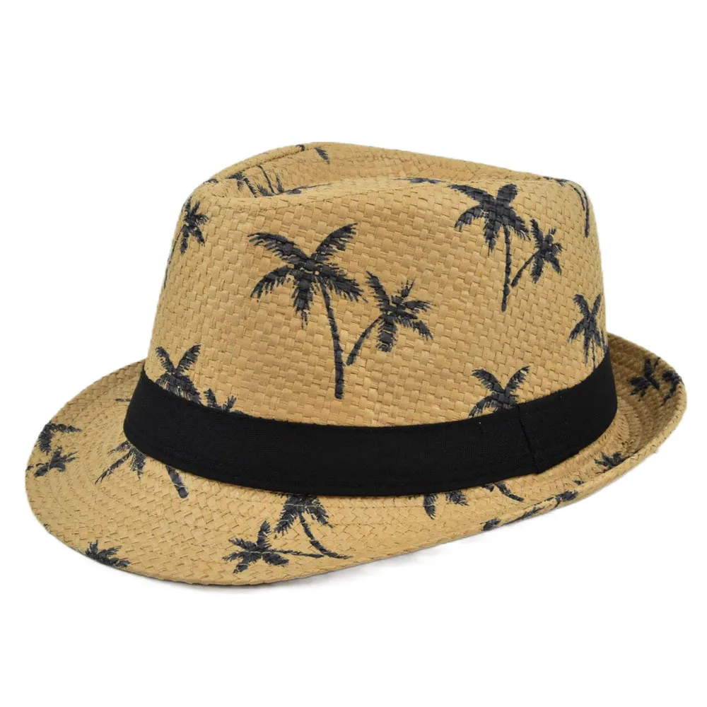 Wholesale Summer 2021 short brim Fedoras Panama beach Straw Jazz Hat Coconut tree Beach Sun Hat Men Women Sunhat chapeau paille 1