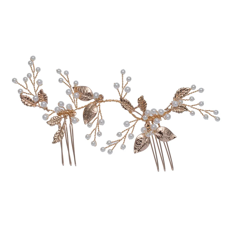 Anniversary Party Jewelry Headband Golden Leaf Bridal Hair Comb Accessories Wedding Side Combs With Pearl