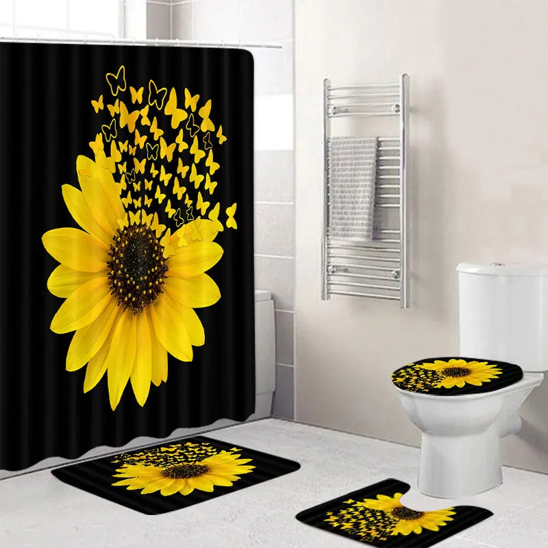 Stylish 4PCS/Set Sunflower Butterfly Print Shower Curtain and Bathroom Set