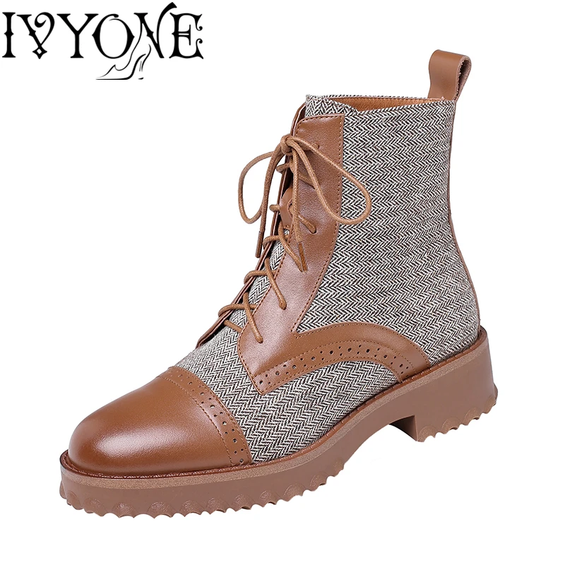 

Fashion Women Boots Mixed colors Cow leather&Cloth Lace Up Round Toe Platform Block Heel Ladies Casual Shoes Large Size 35-42