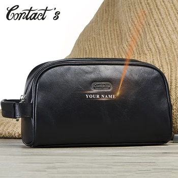 

Contact's Genuine Leather Men Wash Bag Travel Cosmetic Case Brand Design Makeup Bag for Women Zipper Toiletry Bag Free Engraving