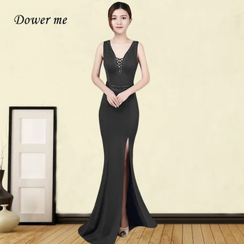 

Sleeveless Women Party Dress GDX380 V-Neck Backless Evening Dresses Black Solid Robe De Soiree Split Mermaid Formal Gowns