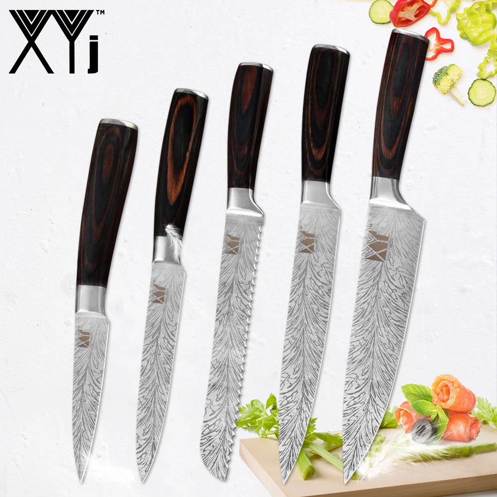XYj 5 шт. столовые ножи 7CR17 кухонный нож из нержавеющей стали набор цветной деревянной ручкой шеф-повара для нарезки хлеба фруктовые кухонные ножи