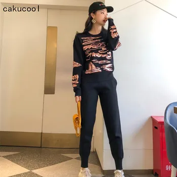 

Cakucool New Casual tracksuit Shiny Sequined Pant Suit Women clothing 2 Pieces set Knit Sweater and Harem Pant Sets Black Grey