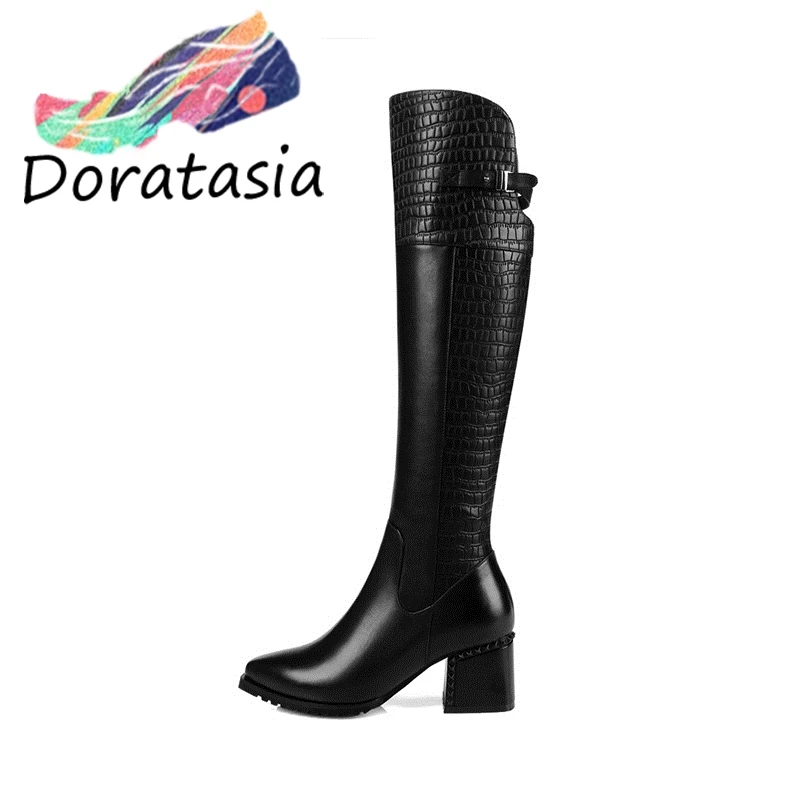 

2020 Top Quality Genuine Leather Big Size 34-42 Women Shoes Woman Square Heels riding boots knee-high Boots Woman