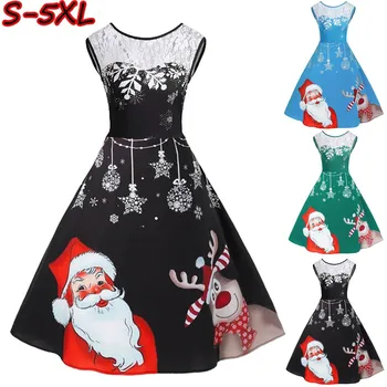 

2019 Fashion Women's Vintage Christmas O-Neck Printed Sleeveless Lace A-Line Swing Dress s Elegant Design Plus Size#45