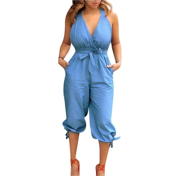 

Fashion Deep V Neck Womens Jumpsuits With Sashes Backless Crossed Capris Designer Bodysuit Summer Casual Womens Clothing