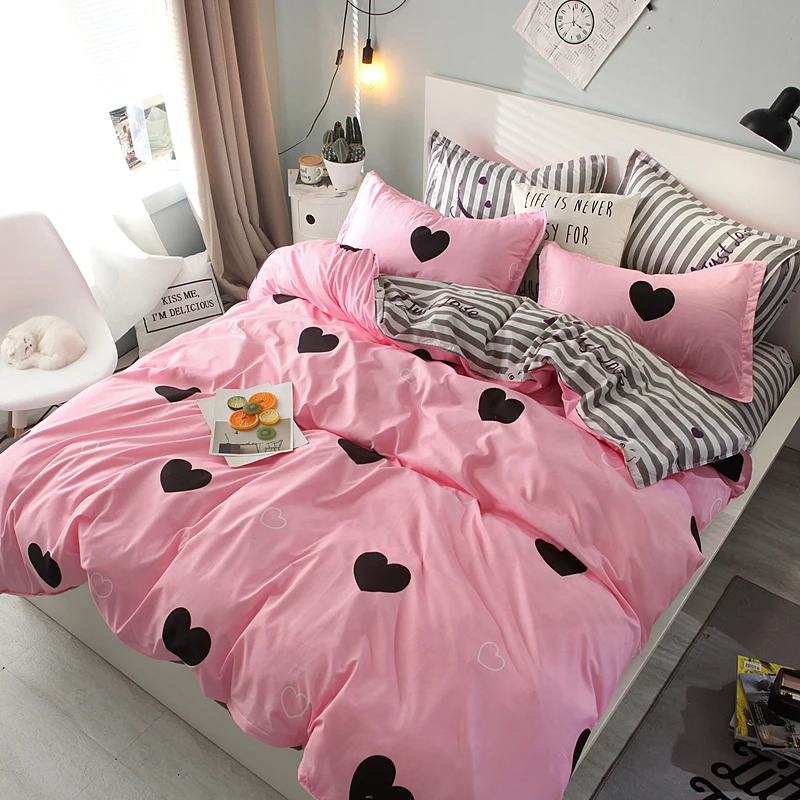 Pink Black Love Stripes Flat Bed Sheet Bedding Sets Duvet Cover
