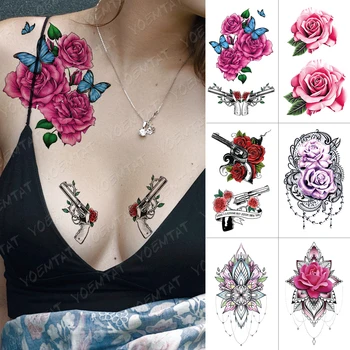 

Waterproof Temporary Tattoo Sticker Butterfly Gun Rose Lace Flower Flash Tattoos Lotus Body Art Arm Fake Tatoo Women Men