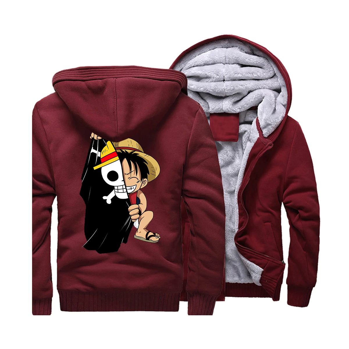 One Peice мужская куртка Обезьяна D Luffy толстовки Ainme принт толстые куртки хлопок зима теплый Harajuku Толстовка пальто уличная одежда - Цвет: Wine Red