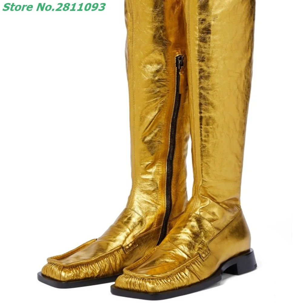 

Gold Boots Super Hot Sell Square Toe Stretch Over The Knee Boot Pleated Fashion High-Top Women's Boots Low Heel Knight Boots