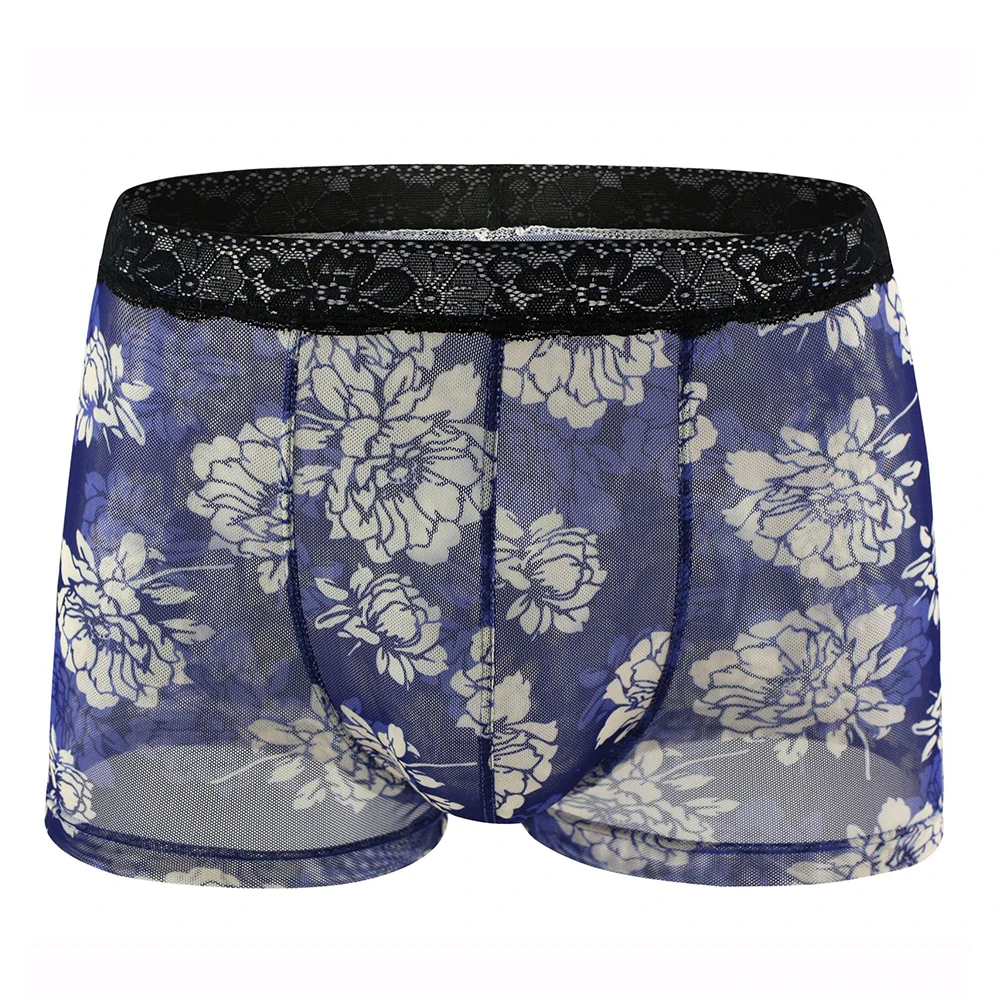 

Men See Through Shorts Hot Flower Print Underpants Men's Sexy Underwear Transparent Boxershorts Boxer Briefs Male Underpants