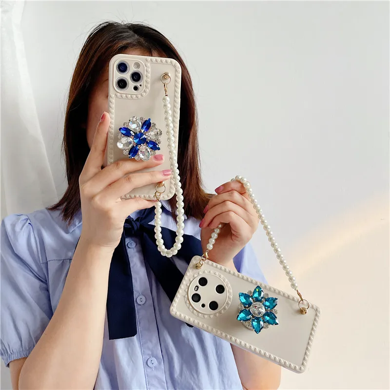 Luxury Big Gem holder stand pearl bracelet Phone Case For iphone 13pro max 12 11 pro Cover XS MAX 7 8 plus X XR 13mini | Мобильные