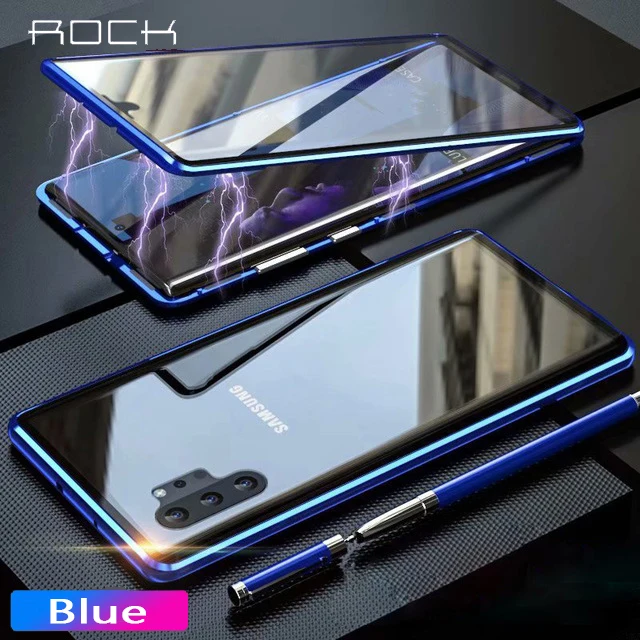 Магнитный чехол Rock для samsung Galaxy Note 10 Plus 10+ для samsung S10 Plus S10e S10+ Полный Передний+ задний металлический чехол из закаленного стекла - Цвет: Blue