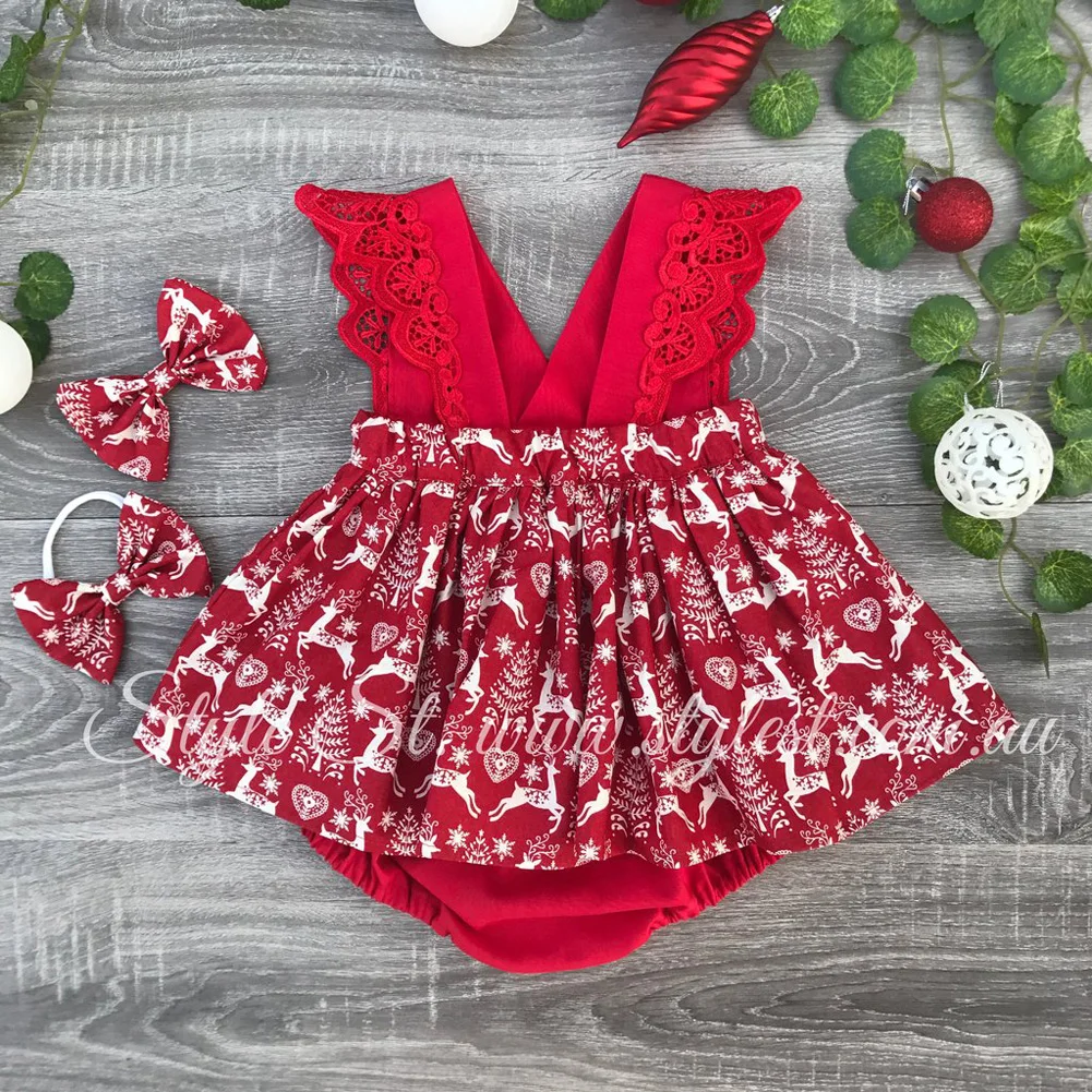 0M-6Y Christmas Deer Print Baby Girl Dress Fashion Kids Baby Bowknot Pageant First Birthday Girl Party Formal Gown Baby Dress