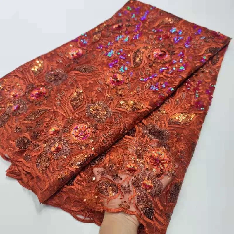 Nigerian orange Sequins Lace Fabrics 2021 High Quality African Fabric Wedding French Tulle Material For Dress | Дом и сад
