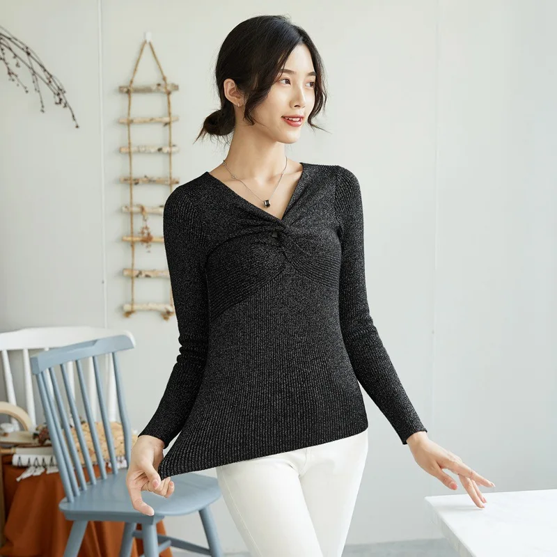 

Fashion Autumn Winter casual Basic Sweater Women v-neck Bright silk Knit Slim Pullover Long Sleeve button Sweater black white