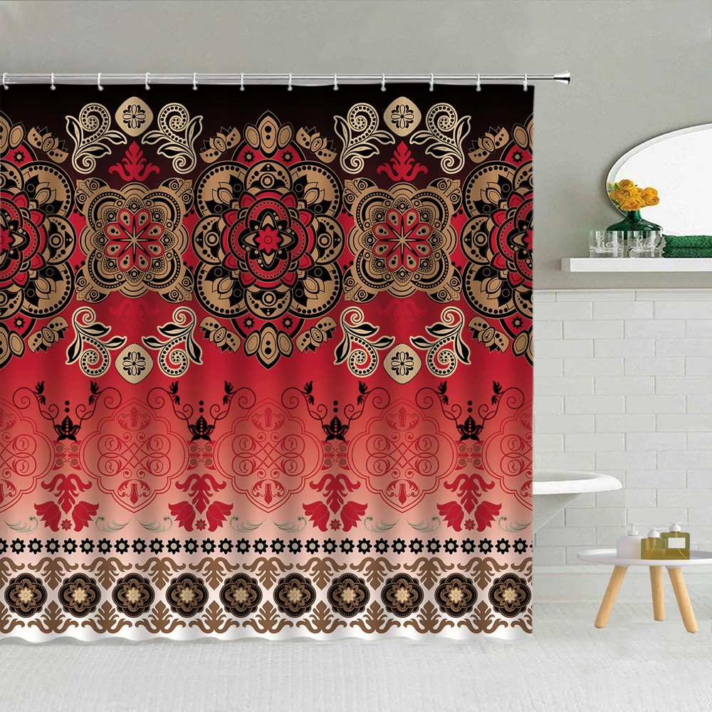 de ducha geométricas bohemias, de baño con estampado hojas y flores de Damasco rojo, ganchos, tela impermeable, decoración del hogar, barata|Cortinas de ducha| - AliExpress
