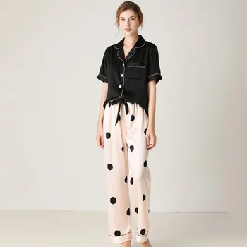 

Herislim Silk Pajamas Sets Sexy Black Pyjamas Female Polka Dot Nightwear Ladies Short Sleeve Shirt Elastic Waist Lounge Homewear