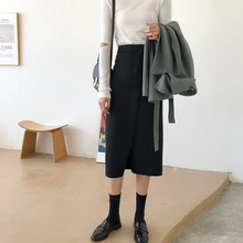 Простая однотонная Милая женская юбка с высокой талией, модная повседневная женская юбка до середины икры, осенняя новая простая модная уличная юбка для девочек