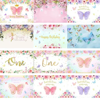 

Butterfly Birthday Backdrop Spring Floral Girls Birthday Photo Background Purple Butterfly 1st Brithday Party Decoration Photo