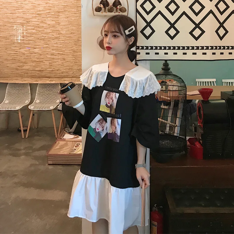 

Large Size Dress 2019 Summer Wear New Style Fat Mm Shawl Peter Pan Collar Printed Flounced Mid-length Dress