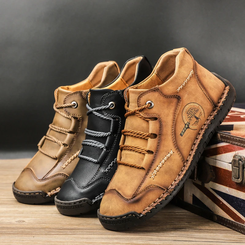 Winter Mens Boots Warm Fur Genuine Leather Mens Snow Boots Plush Waterproof Handmade Autumn Outdoor Mens Motorcycle Boots