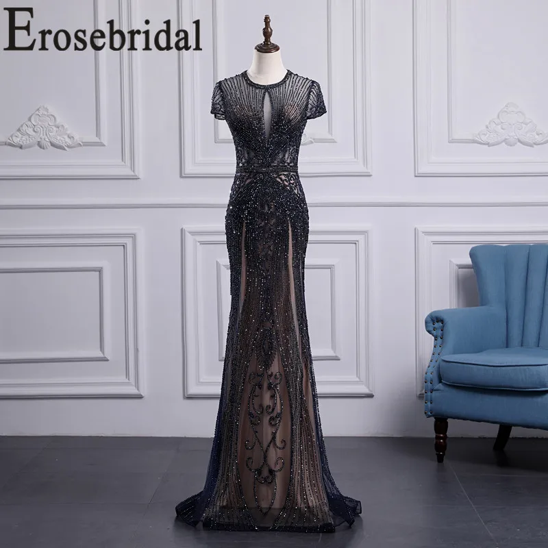 Erosebridal серебряное вечернее платье со шлейфом Роскошные бисерные Элегантные Формальные платья с круглым вырезом Иллюзия тела вечернее платье