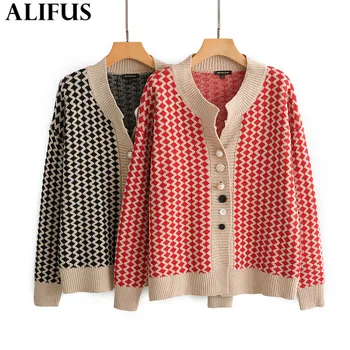 

Fashion Za Women Sweater 2019 Color Matching V-Neck Chic Single Breasted Cardigan Long Sleeve Loose Knit Warm Sweaters Female